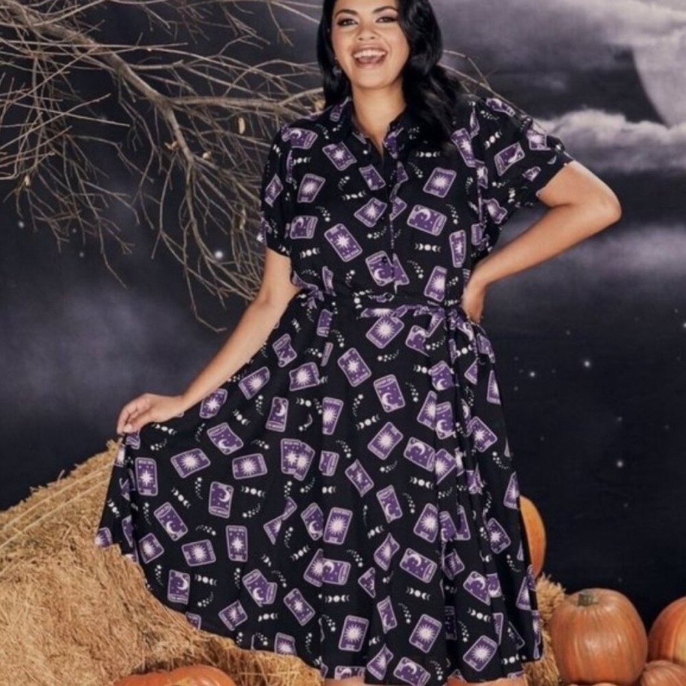 Black and purple tarot card midi dress